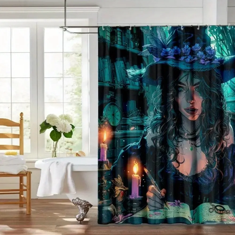 Exquisite Witch Shower Curtain Waterproof Fabric with‎ 12 White Plastic Hooks